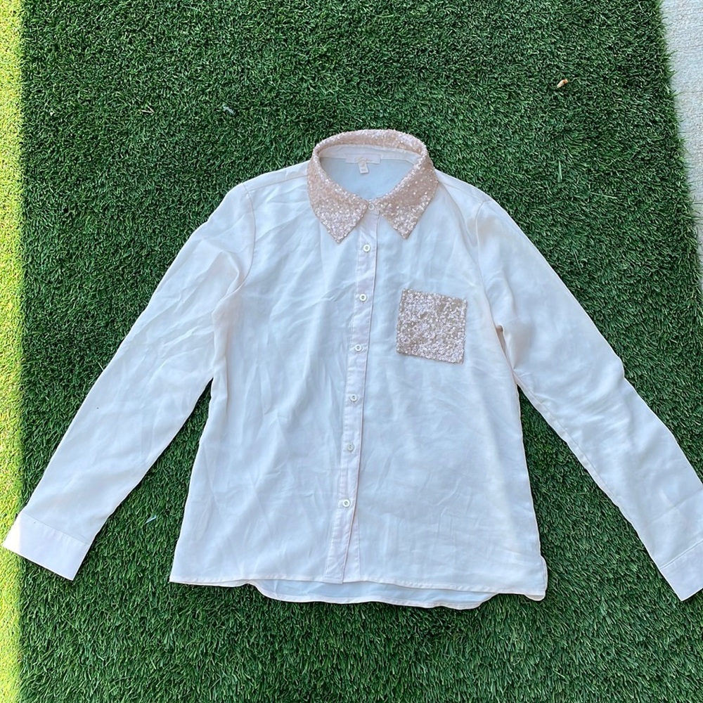 Long sleeve button up. Glittered collar and pocket. Perfect for the office